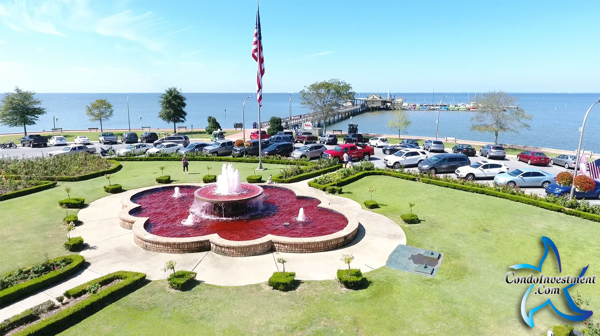 Aerial view of the fountain at the Fairhope pier